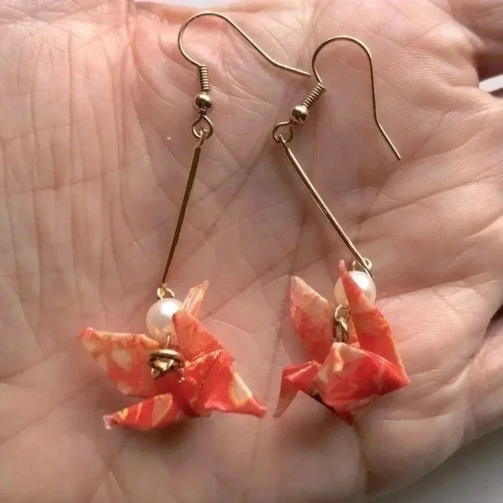 3 for $25/ Coral Origami Crane Pearl Gold Earrings NWT